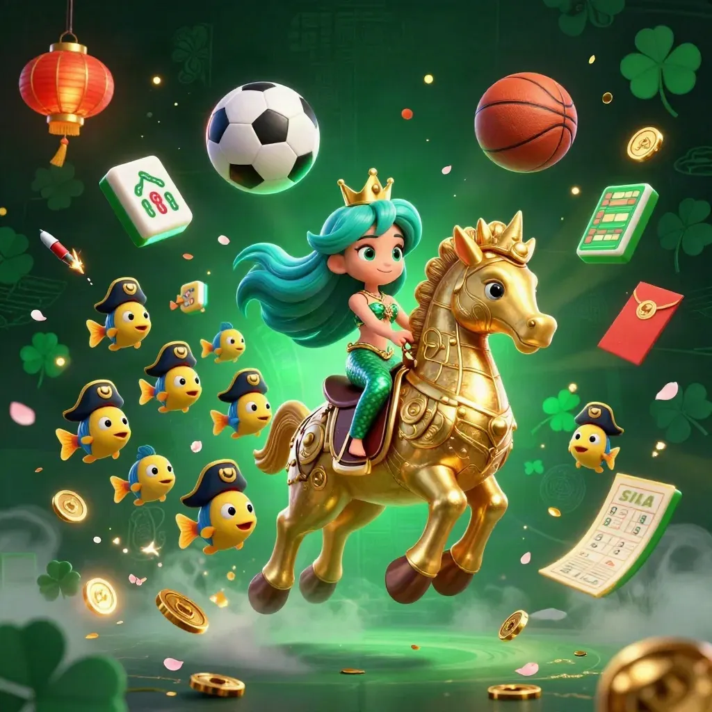 Turquoise-haired mermaid on a golden seahorse amid flying tiles, lanterns, coins, and sports balls.