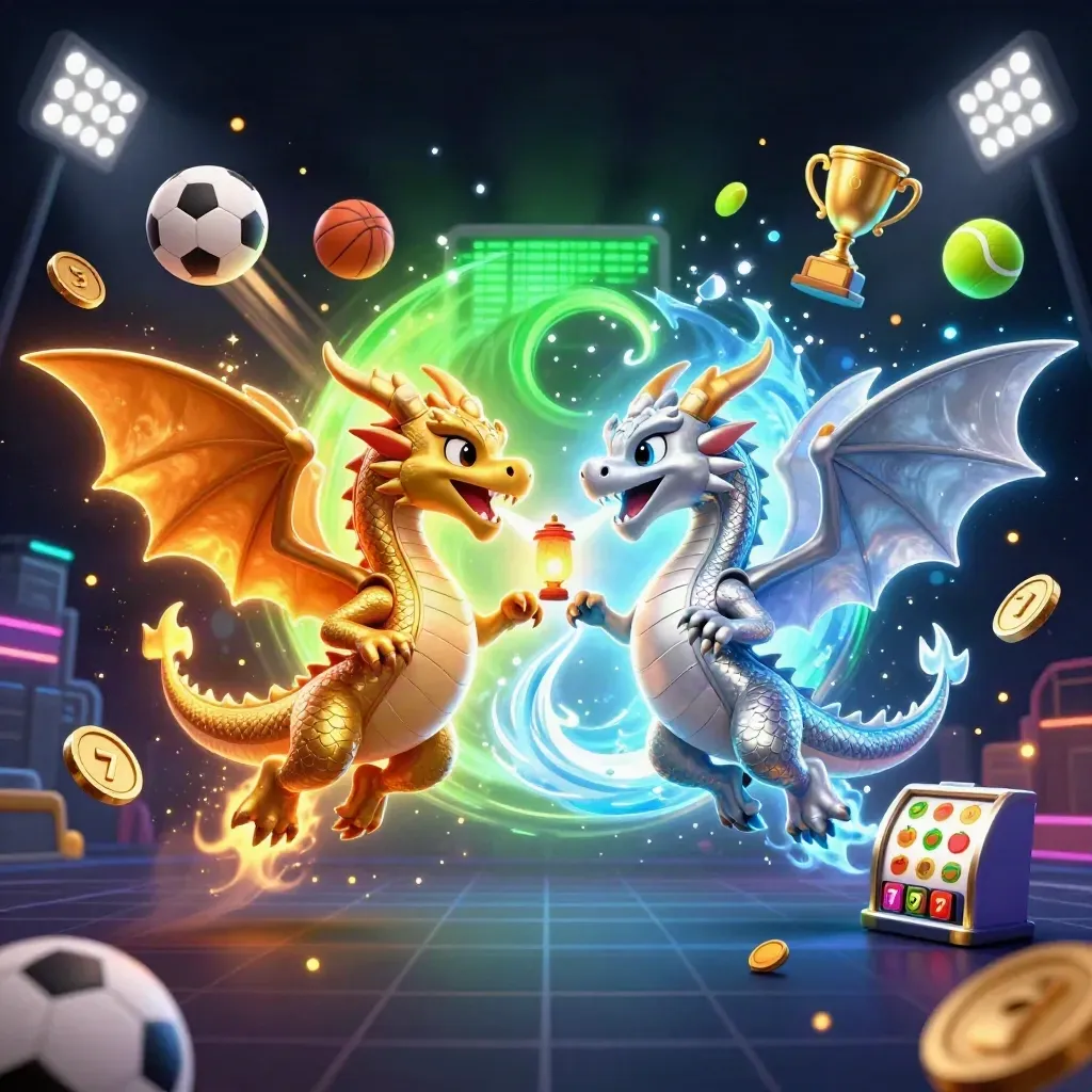 Twin gold and silver dragons spiral through fire and ice over a neon sportsbook grid, with balls, coins, and a trophy.