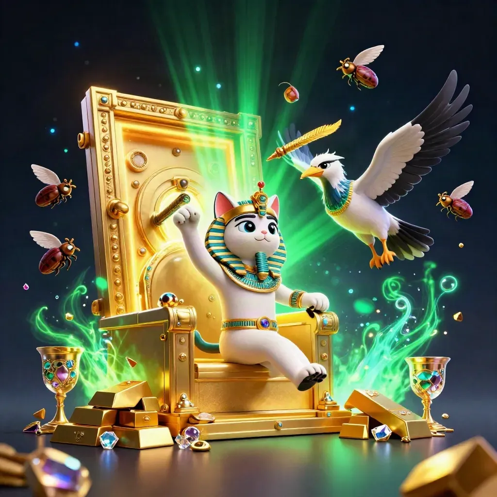 Pharaoh cat, ibis scribe, and gem-winged scarabs burst from a golden vault in neon green light.