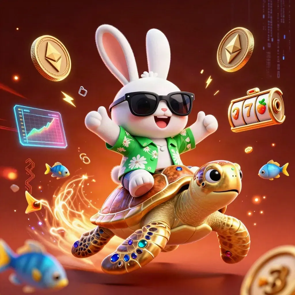 Rabbit rides jeweled sea turtle amid neon coins, lightning, and tropical fish.