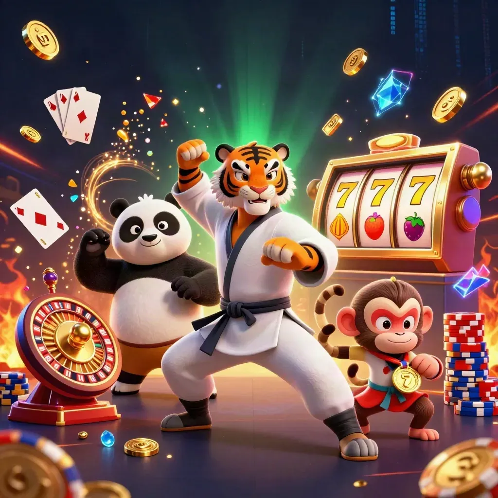 Tiger, panda, and monkey in casino action with coins, cards, chips, and neon effects.