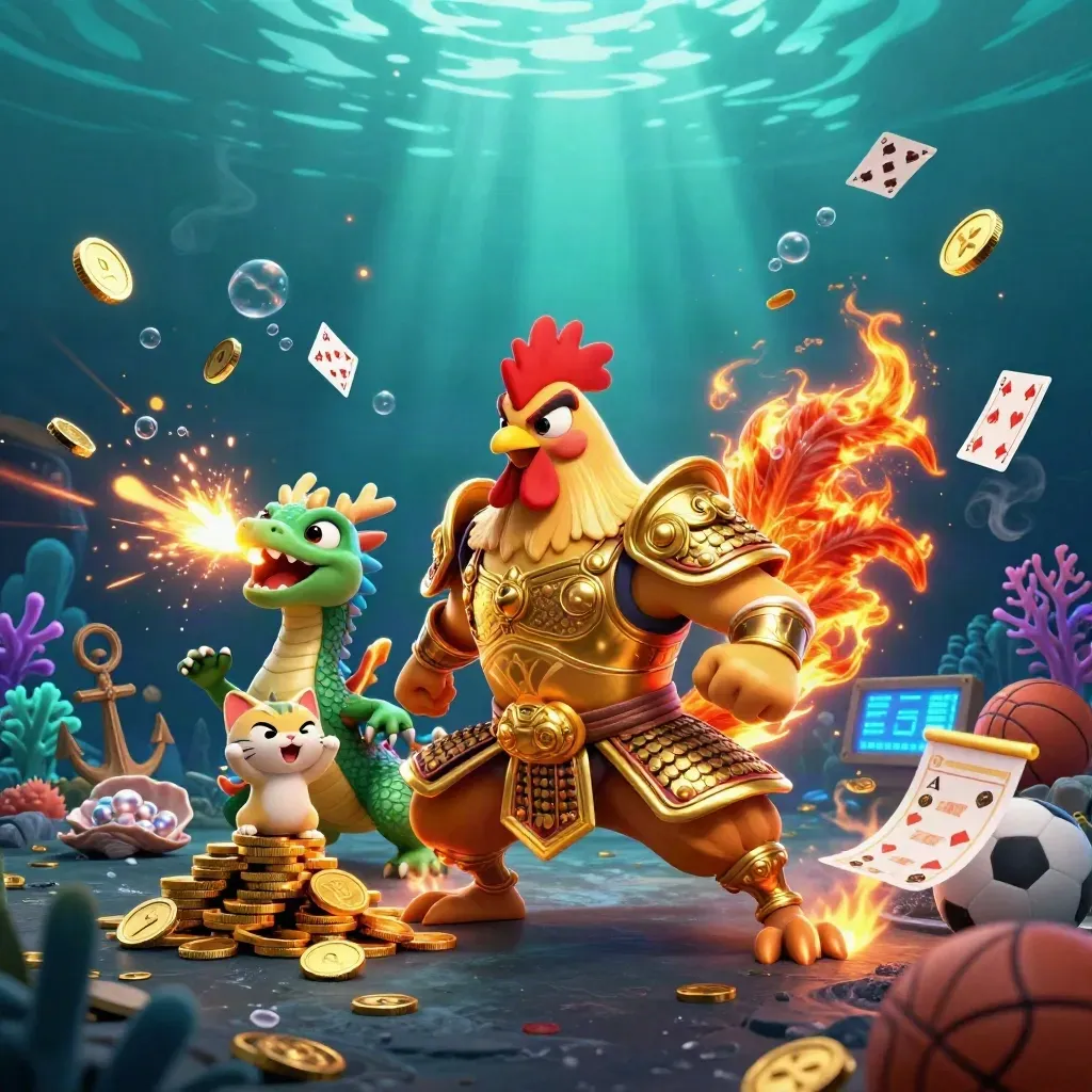 Rooster warrior, dragon hatchling and fortune cat amid treasure, coins, coral, sports props underwater.