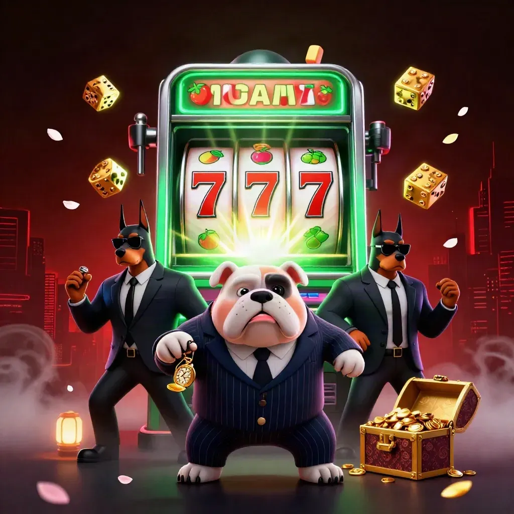 Bulldog boss and two doberman bodyguards burst from a slot machine amid gold and neon